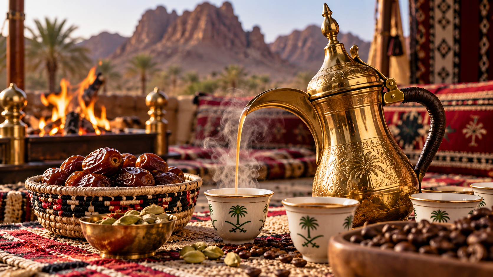 القهوة السعودية الأصيلة مع الدلة والفناجيل والتمر