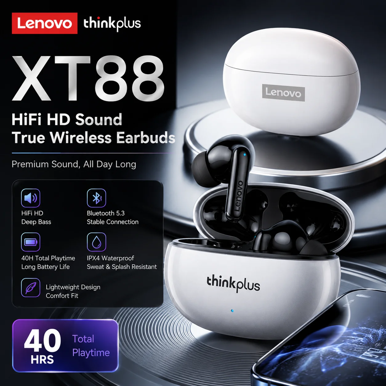 سماعات لينوفو XT88 لاسلكية بعزل ENC 1 سماعات لينوفو XT88 لاسلكية بعزل ENC