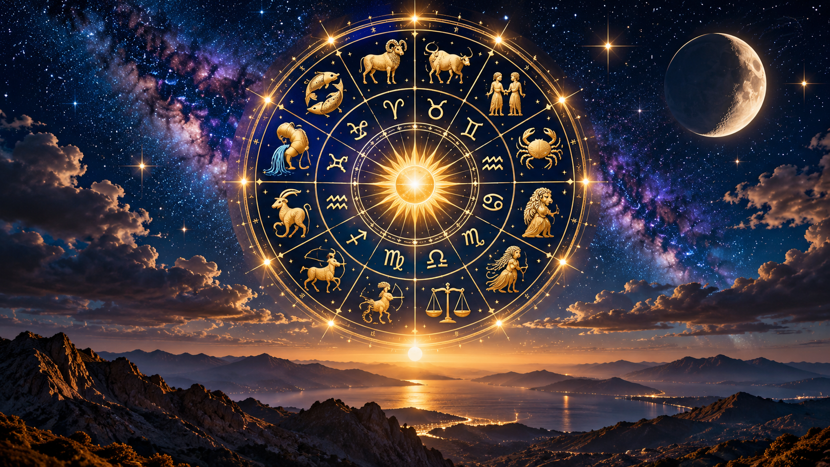 Astrology zodiac wheel under a starry night sky